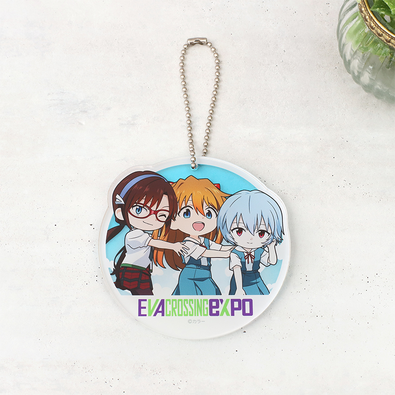 【エヴァンゲリオン大博覧会】アクリルキーホルダー/メインビジュアル・デフォルメ(レイ＆アスカ＆マリ)
