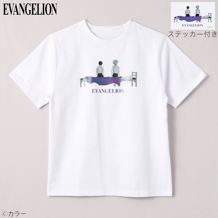エヴァンゲリオンレディス半袖Tシャツ白（ステッカー付）/ベッドに座るシンジとカヲル(M.A.P)
